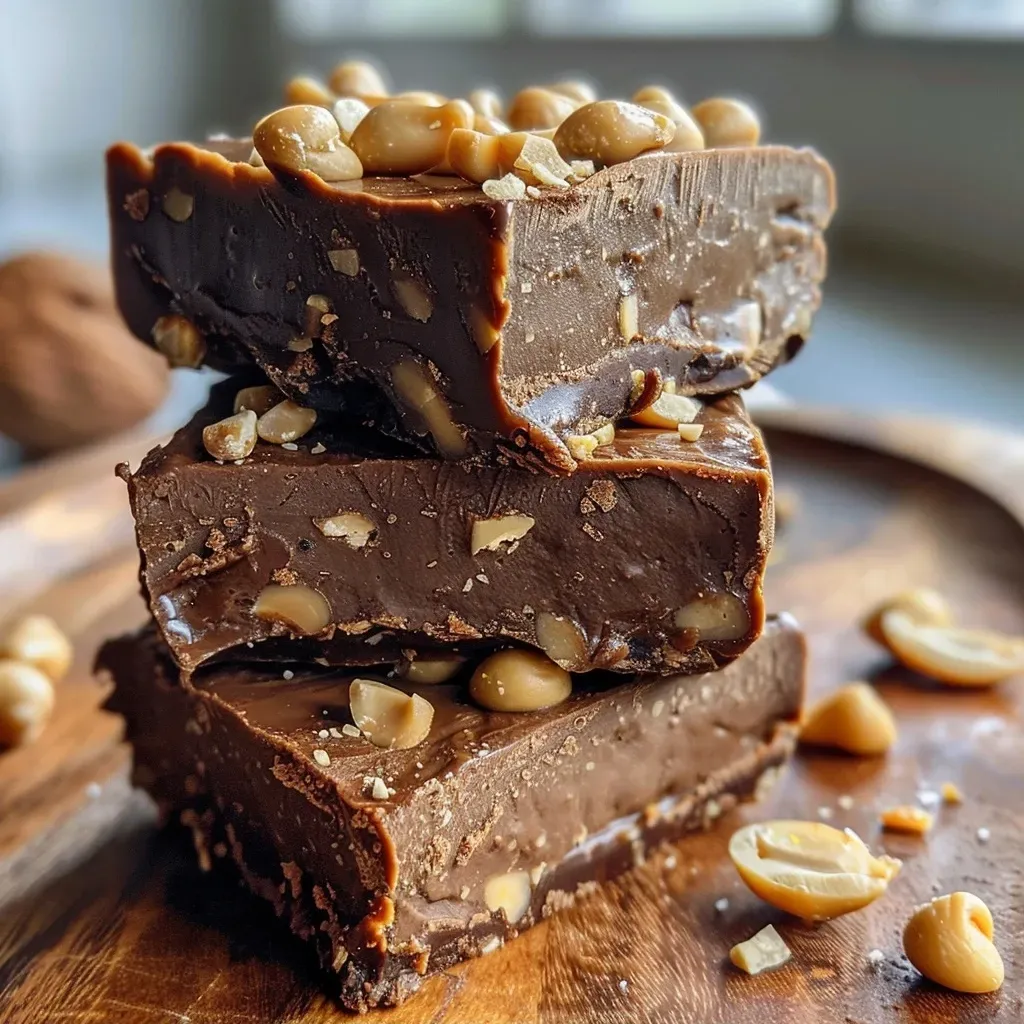 Close-up of a slice of Healthy Protein Fudge on a wooden surface.