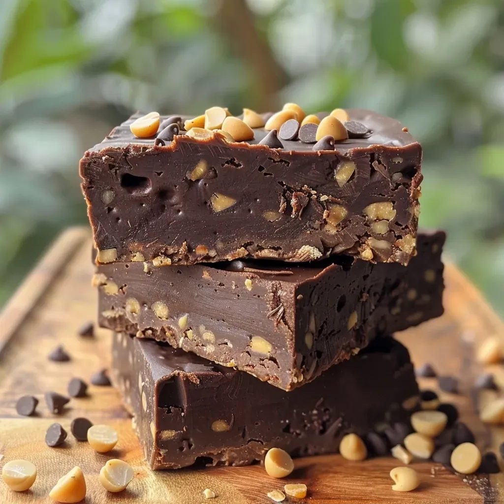 Side view of vegan protein fudge topped with chocolate chips and nuts.