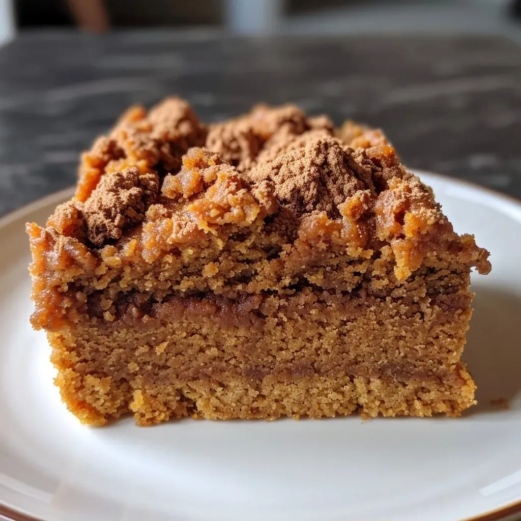 A slice of Healthy Pumpkin Coffee Cake with a glossy glaze, highlighting its rich pumpkin color.