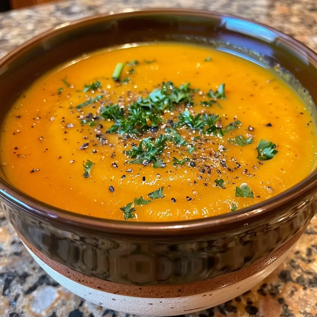 Close-up side view of healthy sweet potato soup, showing a smooth texture and vibrant color.