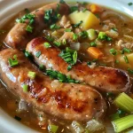 A close-up view of a steaming bowl of Hearty Bratwurst Soup with visible sausage slices and vegetables.