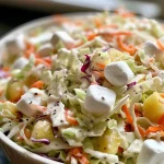 Close-up view of a vibrant bowl of Heavenly Cole Slaw with colorful ingredients.