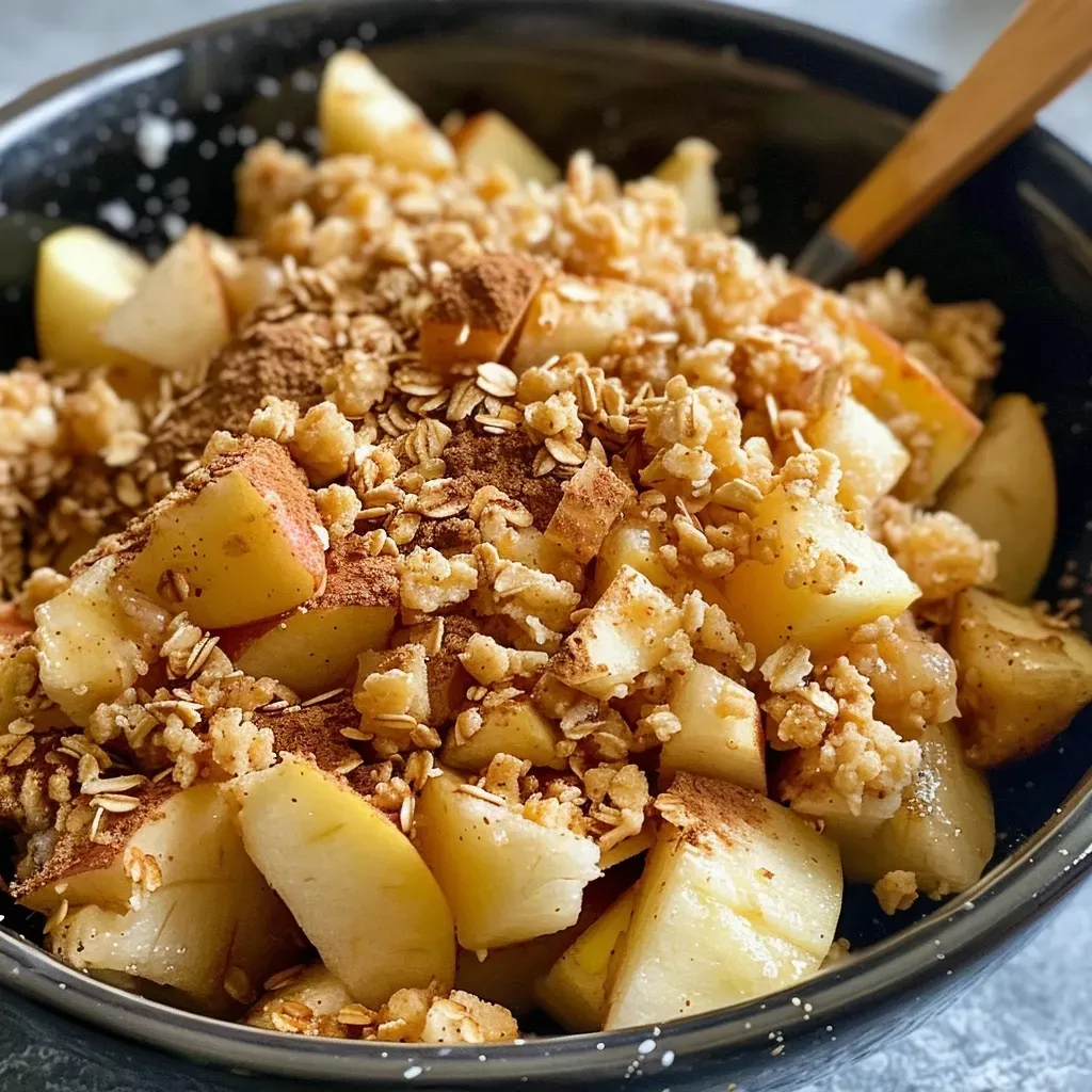Side view of a delicious apple crumble showcasing a crispy topping and juicy apple filling.
