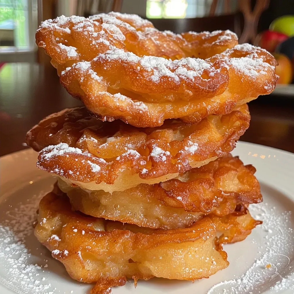 Side view of a juicy apple fritter, showcasing its fluffy texture and apple pieces.