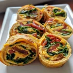 Close-up view of High Protein Breakfast Pinwheels with spinach and cheese.