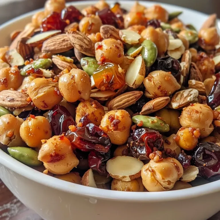 Close-up of a colorful trail mix featuring chickpeas, dried cherries, edamame, nuts, and chocolate chips.