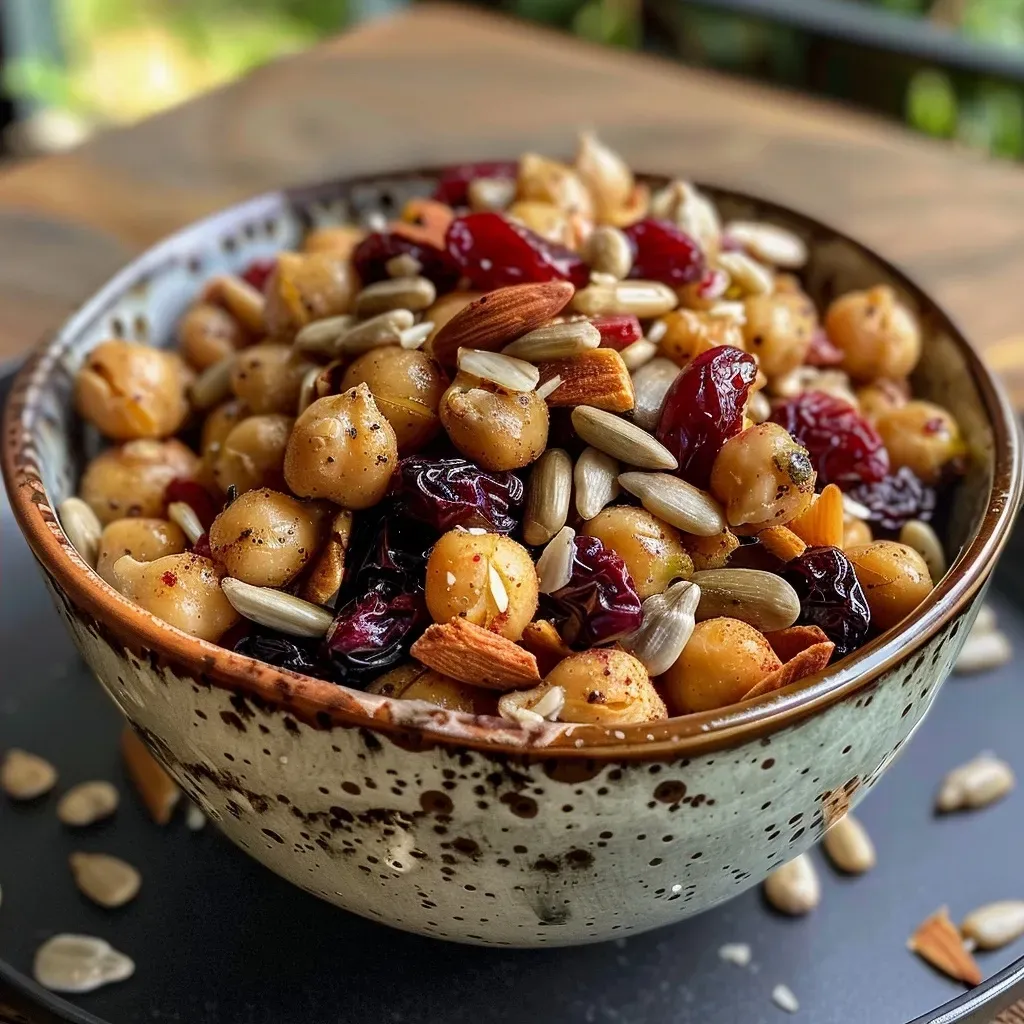 Side view of a healthy trail mix with roasted chickpeas, fruits, nuts, and dark chocolate arranged in a bowl.