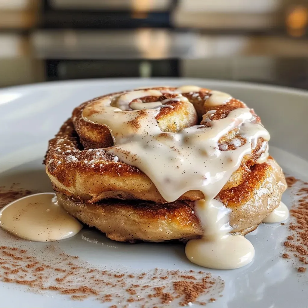 Side view of fluffy cinnamon roll fritters drizzled with icing.