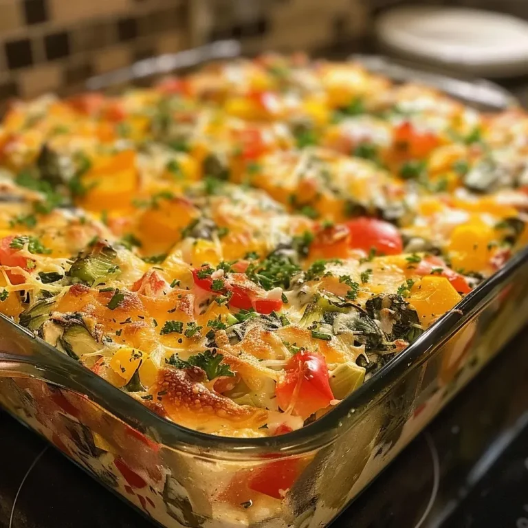 A Wholesome Veggie Bake That Elevates Your Weeknight Dinners Close-up view of a high-protein cottage cheese veggie bake, showcasing colorful vegetables and a golden-brown top.
