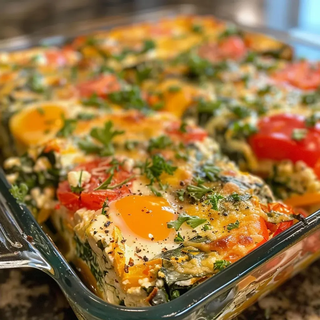 Side perspective of a baked dish filled with cottage cheese, cheddar, spinach, and vibrant diced vegetables.