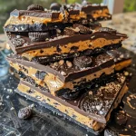 Close-up view of Halloween-themed chocolate bark with Oreo pieces and peanut butter.