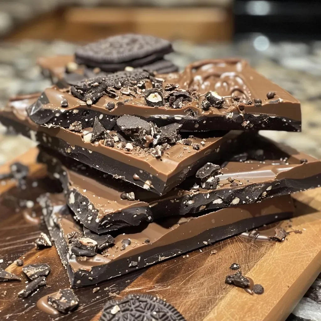 A side view of high protein chocolate bark decorated with Oreos and Halloween motifs.