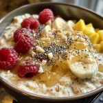 Close-up view of high protein overnight oats with berries and a drizzle of honey.