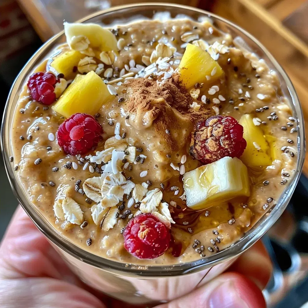 Side view of a jar filled with high protein overnight oats topped with sliced banana and peanut butter.