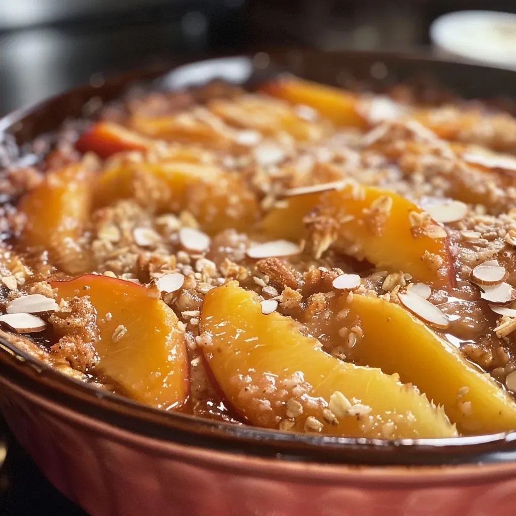 Side shot of a luscious peach cobbler with visible slices of fresh peaches and a sprinkle of coconut.