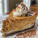 Close-up side view of a creamy pumpkin cheesecake topped with whipped cream.