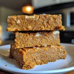 Close-up view of high protein pumpkin pie bars displaying a moist texture.