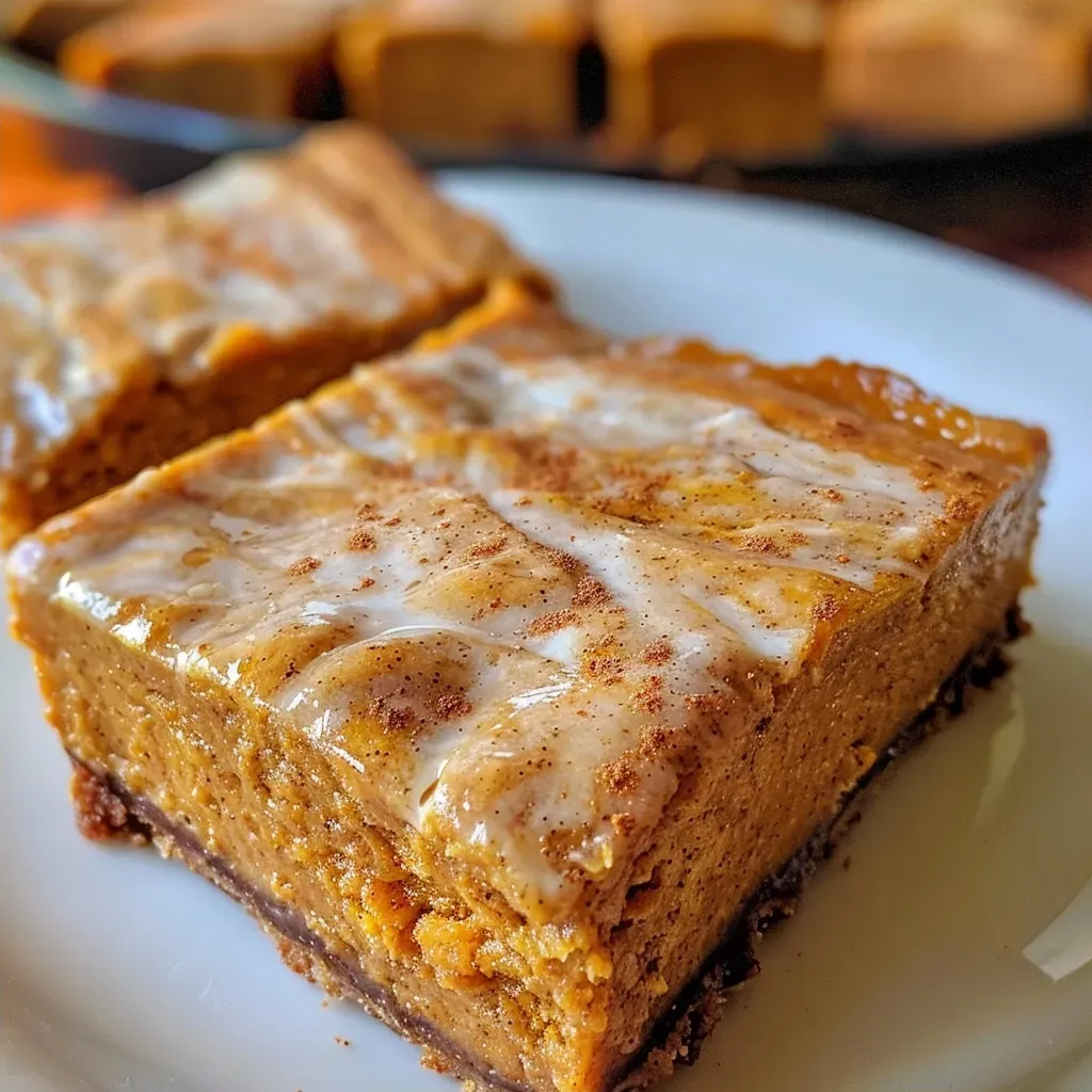 Side profile shot of pumpkin pie bars, highlighting their rich, creamy filling.