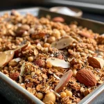 Close-up view of high protein salted caramel granola with nuts and oats.