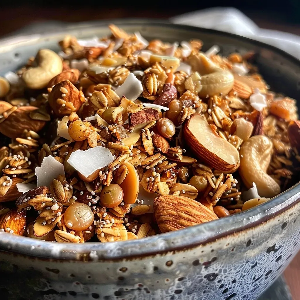 Side view of crunchy salted caramel granola featuring oats and seeds.