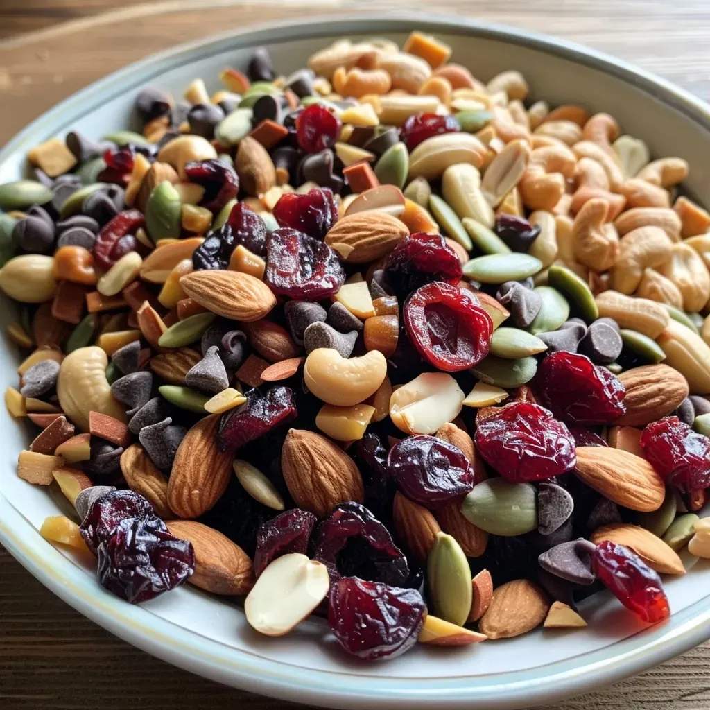 Close-up view of a colorful high protein trail mix with nuts and dried fruit.