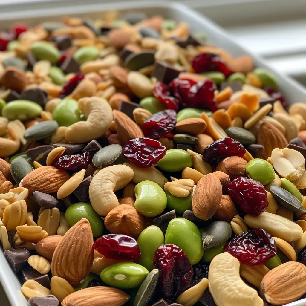 Side shot of a mixed trail mix featuring almonds, edamame, and chocolate chips.