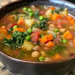 Close-up side view of a bowl filled with colorful vegetable soup, featuring lentils and chickpeas.