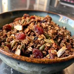 Close-up view of homemade chestnut granola featuring oats, nuts, and dried fruits.