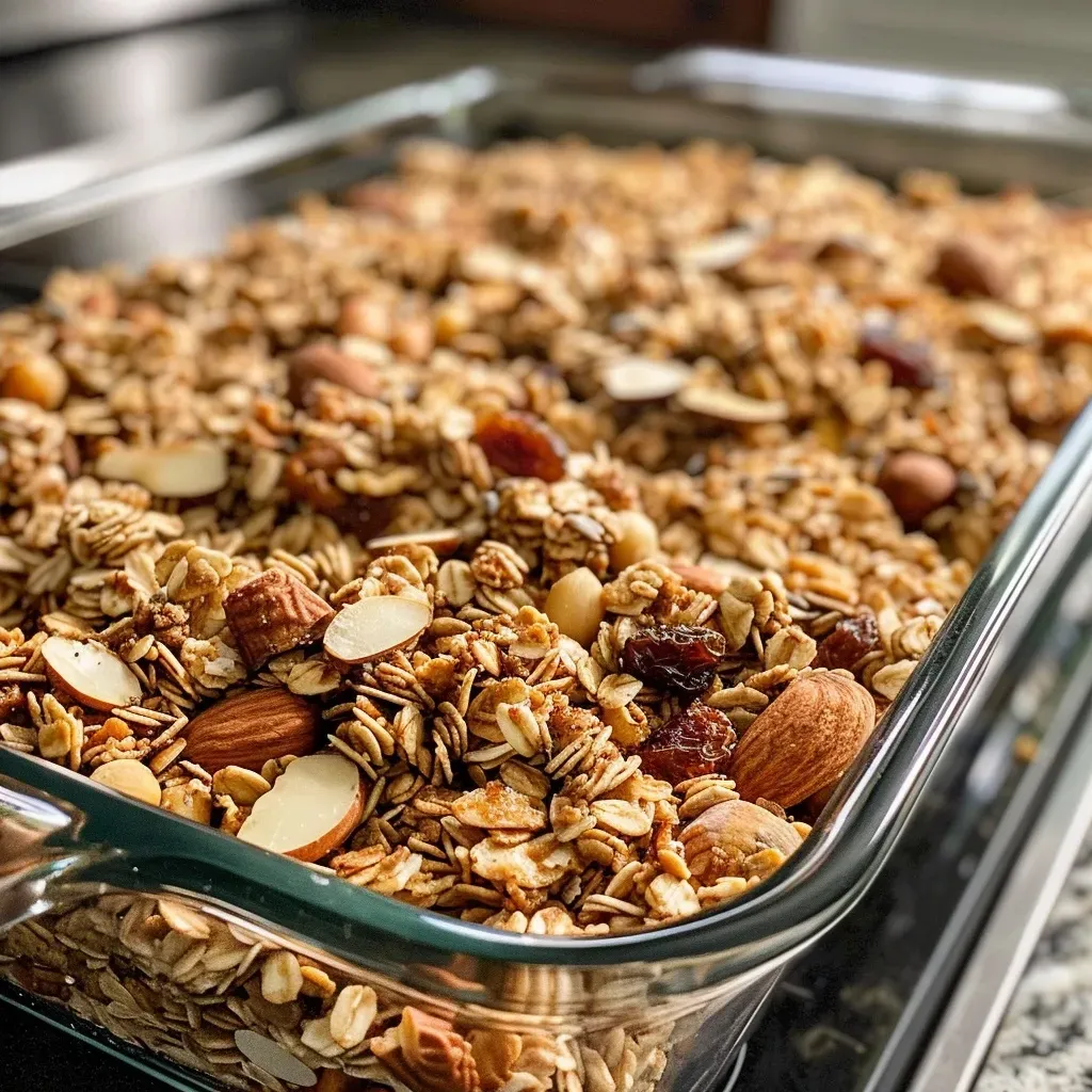 Side view of a bowl filled with crunchy homemade granola, showcasing chestnut chips.