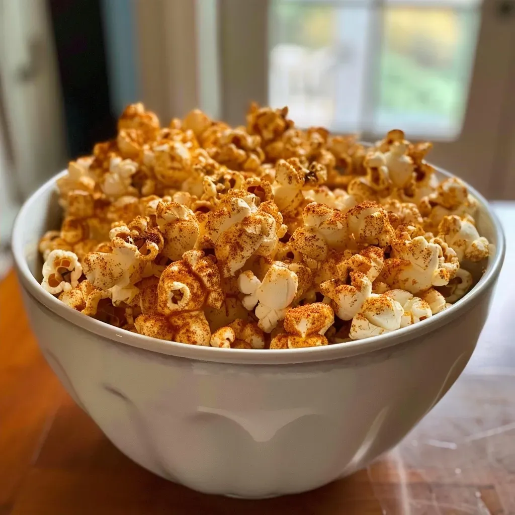 Side view of fluffy popcorn coated in a rich pumpkin spice mix.