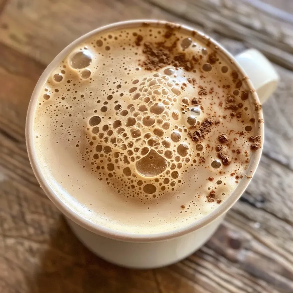 Close-up shot of a creamy homemade vanilla chai protein latte in a glass cup.