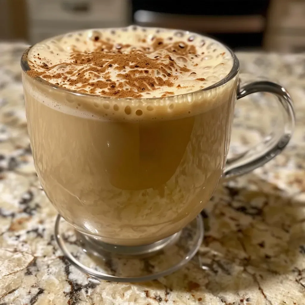 Side view of a vanilla chai protein latte topped with a sprinkle of cinnamon.