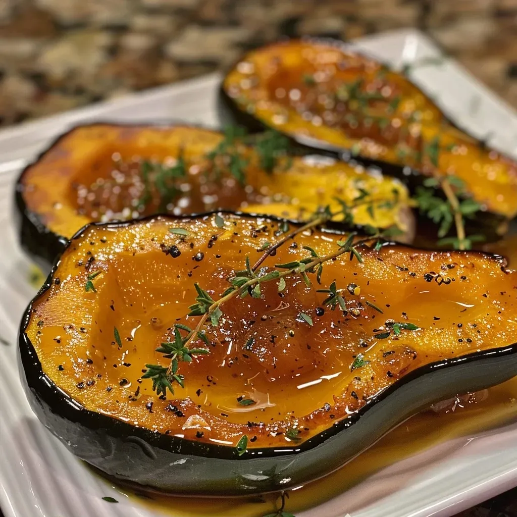 Close-up of honey-glazed acorn squash halved and topped with creamy goat cheese and cranberry drizzle.