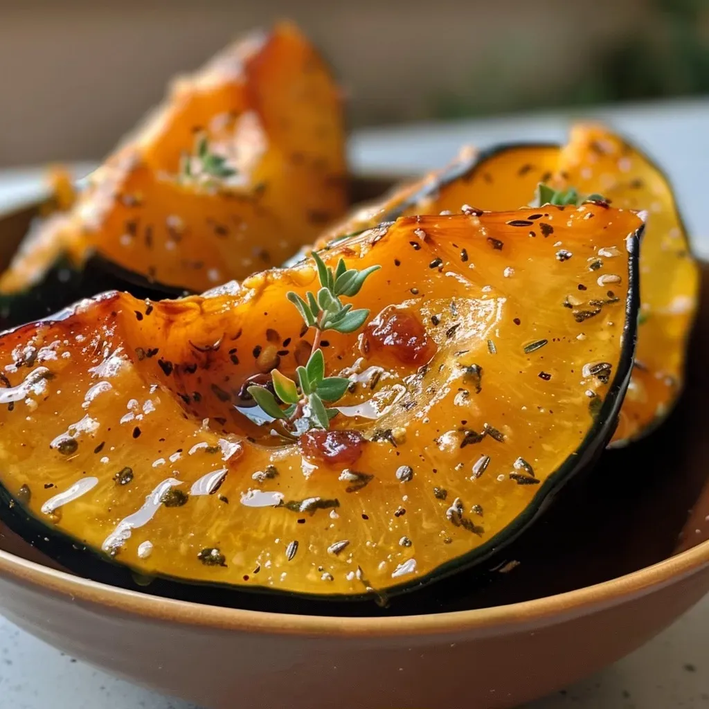 Juicy, roasted acorn squash garnished with goat cheese and cranberry sauce, viewed from the side.