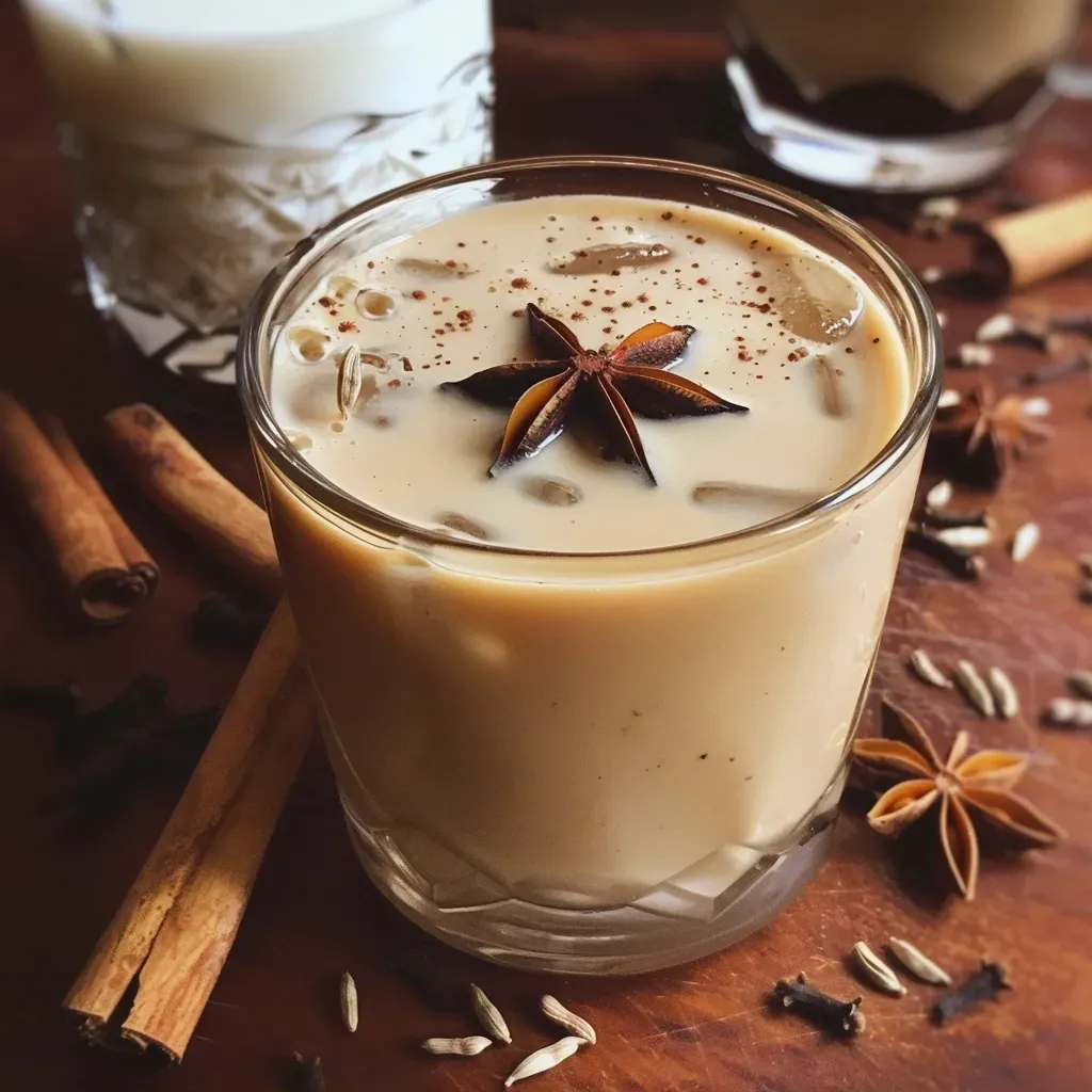 Iced vanilla chai latte with visible layers of color, garnished with cinnamon.