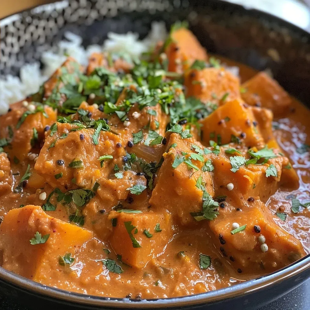 Side view of a rich and creamy Indian Pumpkin Curry with visible coconut milk and spices.