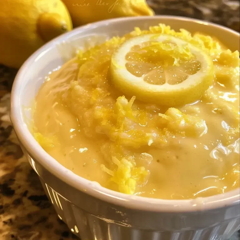A close-up side view of creamy lemon custard in a glass dish.