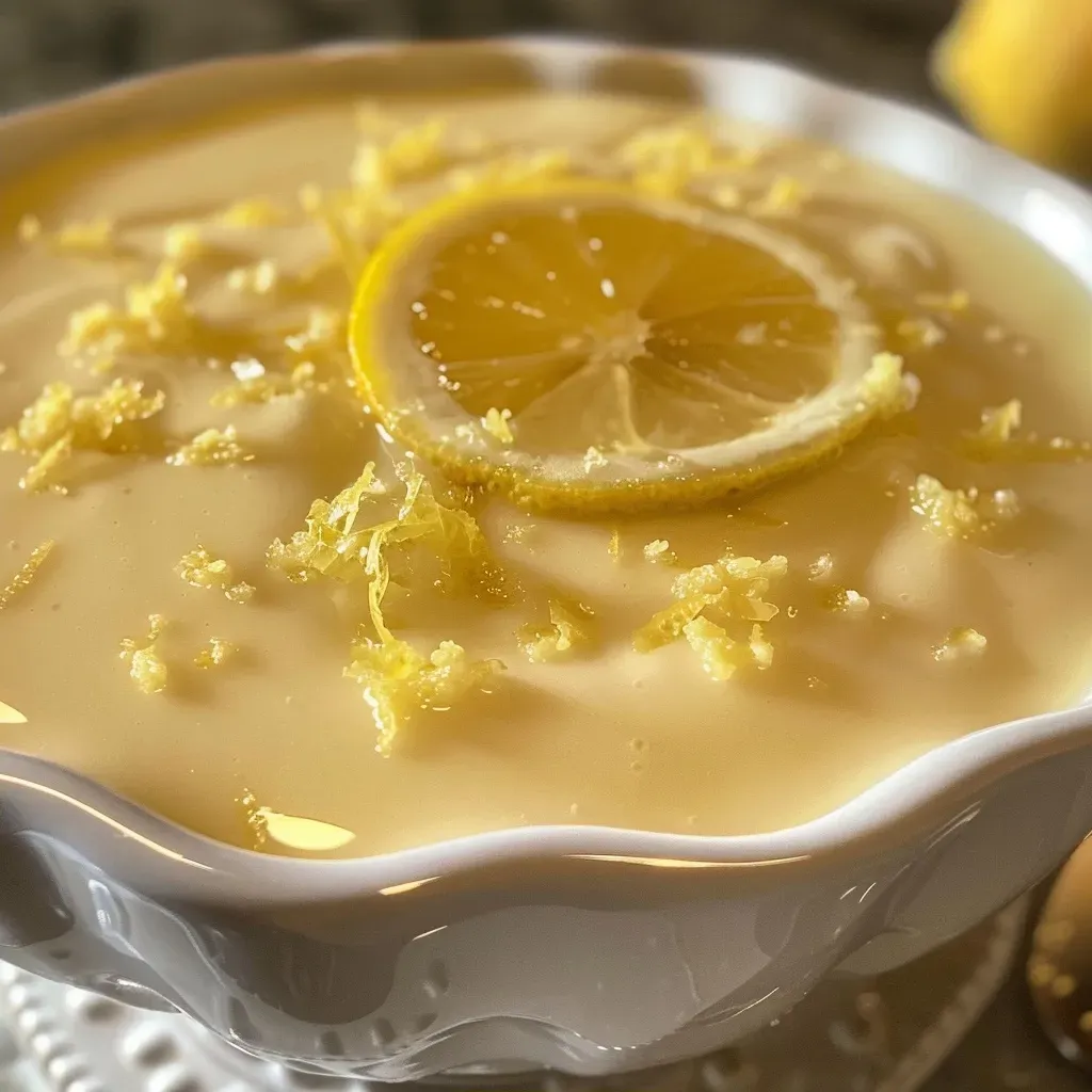 Rich lemon custard dessert topped with lemon zest in a bowl.