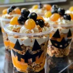 Close-up view of Jack O Lantern Parfaits in clear plastic cups, decorated with black paper accents.