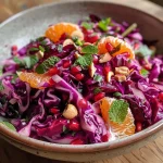 Close-up view of colorful Jewelled winter slaw featuring vibrant red cabbage and beetroot.