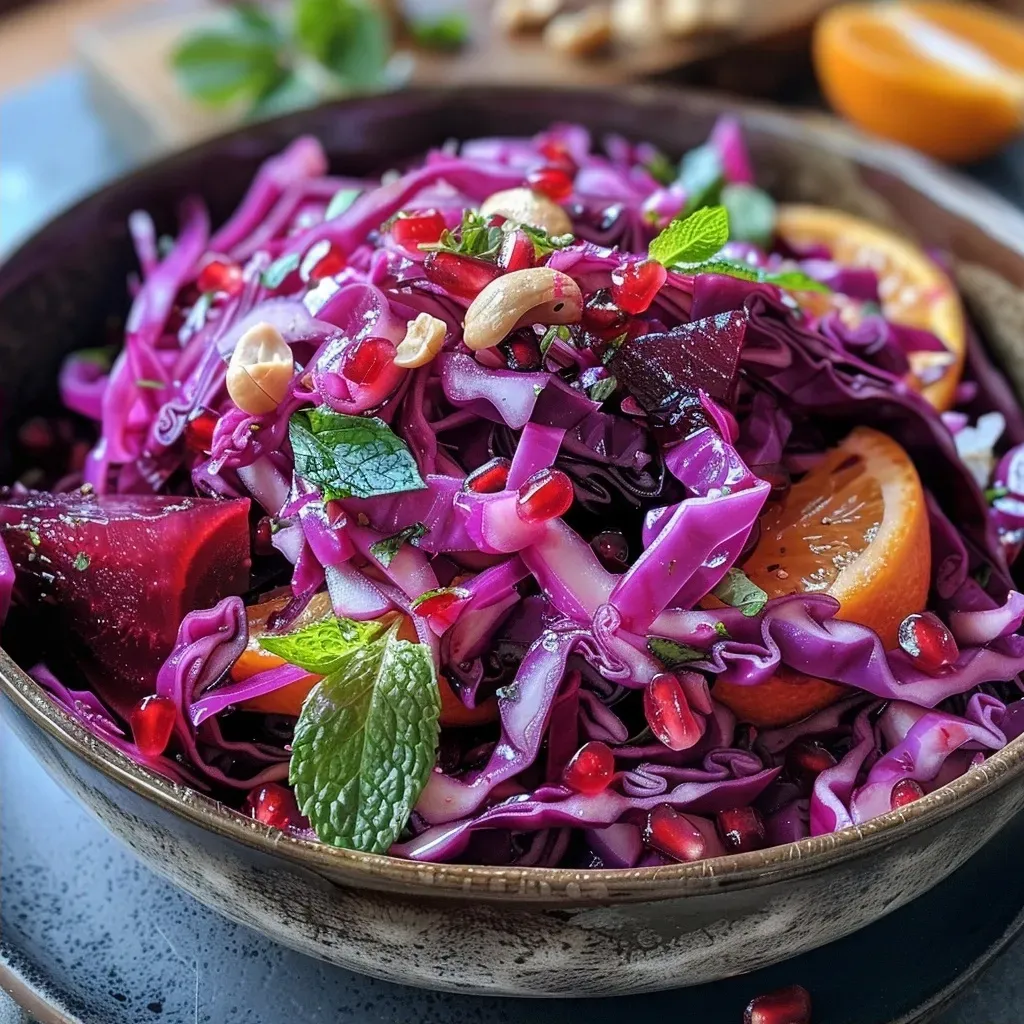 A side view of Jewelled winter slaw showcasing fresh ingredients like fennel, mint, and pomegranate seeds.