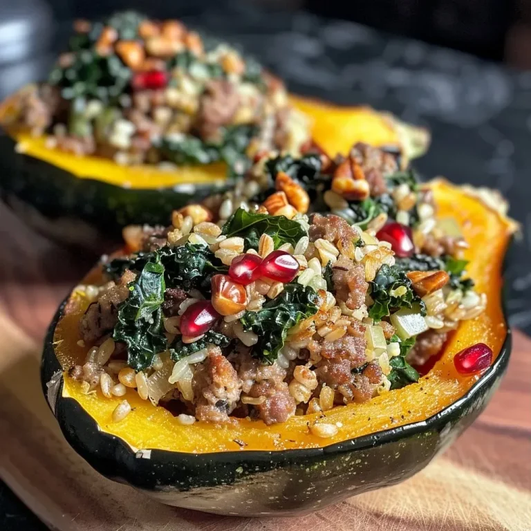 Harvest Harmony: Wholesome Kale and Sausage Stuffed Squash for Effortless Dinners A side view close-up of a stuffed squash filled with colorful ingredients.