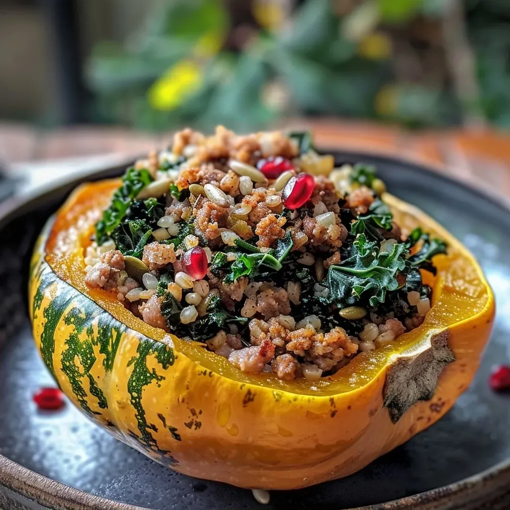 Juicy kale and sausage-stuffed acorn squash on a wooden table.