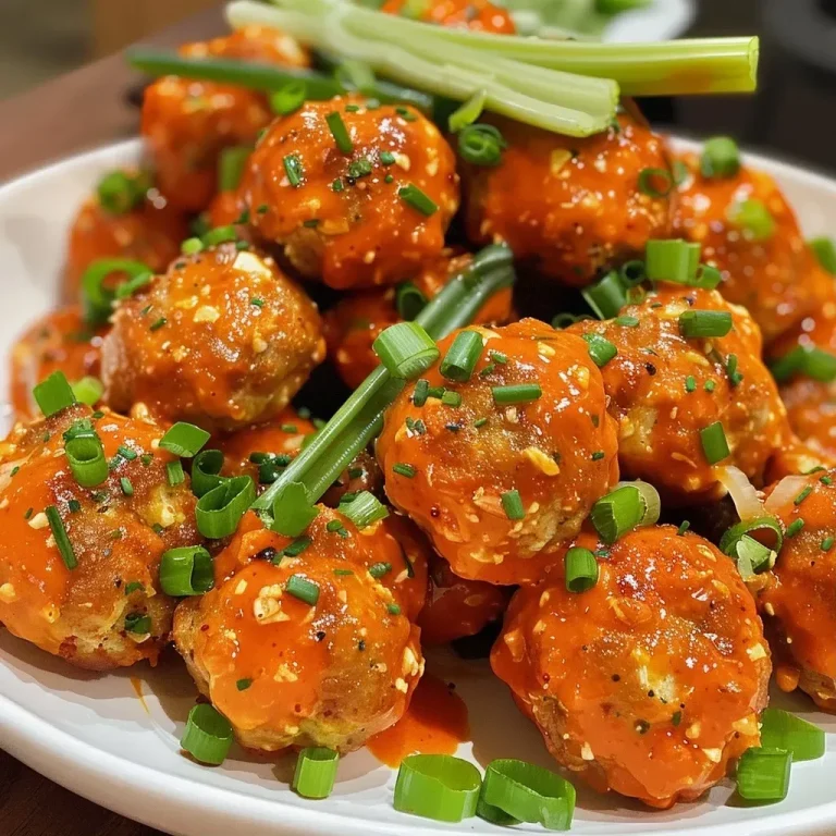 Juicy Keto Buffalo Chicken Meatballs with a golden glaze, garnished with green onions.