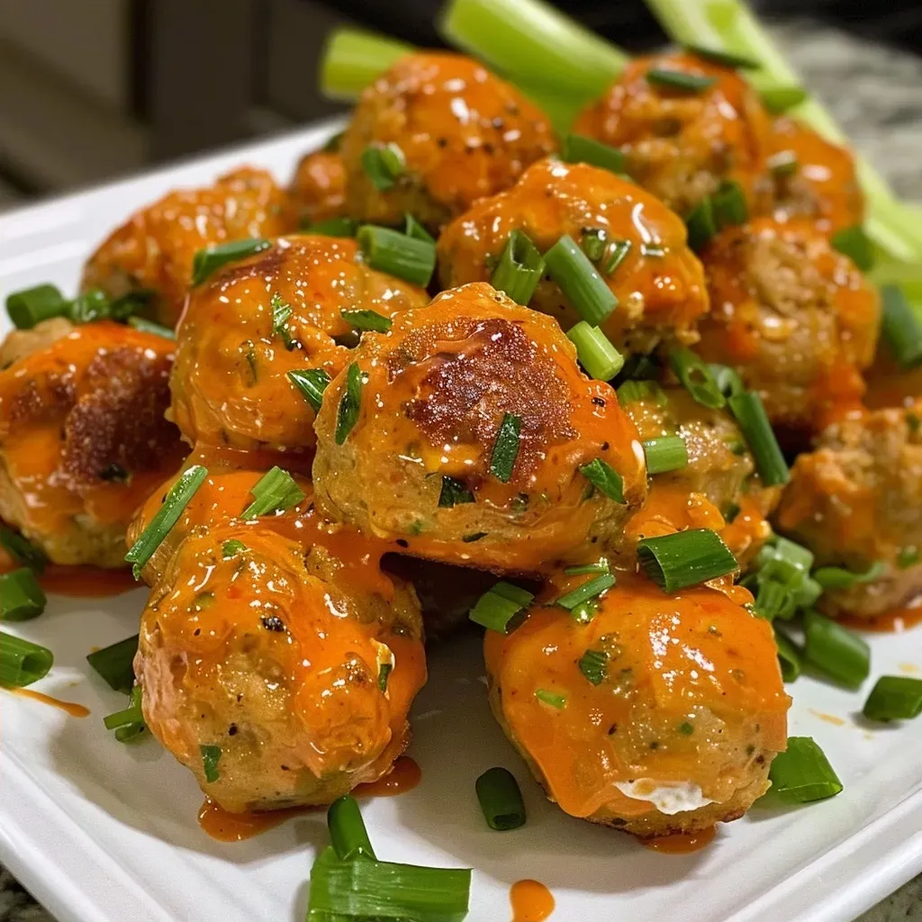 A close-up view of succulent Buffalo Chicken Meatballs, served with a spicy sauce.