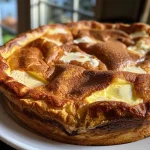 Close-up view of a fluffy Keto gingerbread spice Dutch baby topped with powdered erythritol.