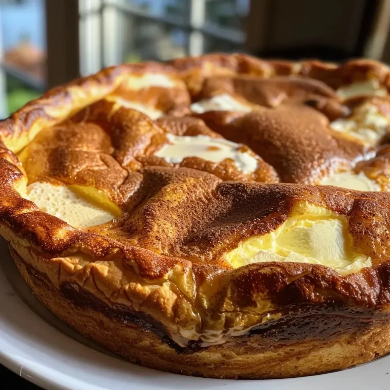 Close-up view of a fluffy Keto gingerbread spice Dutch baby topped with powdered erythritol.