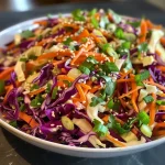 Close-up view of a colorful cabbage apple slaw in a bowl.