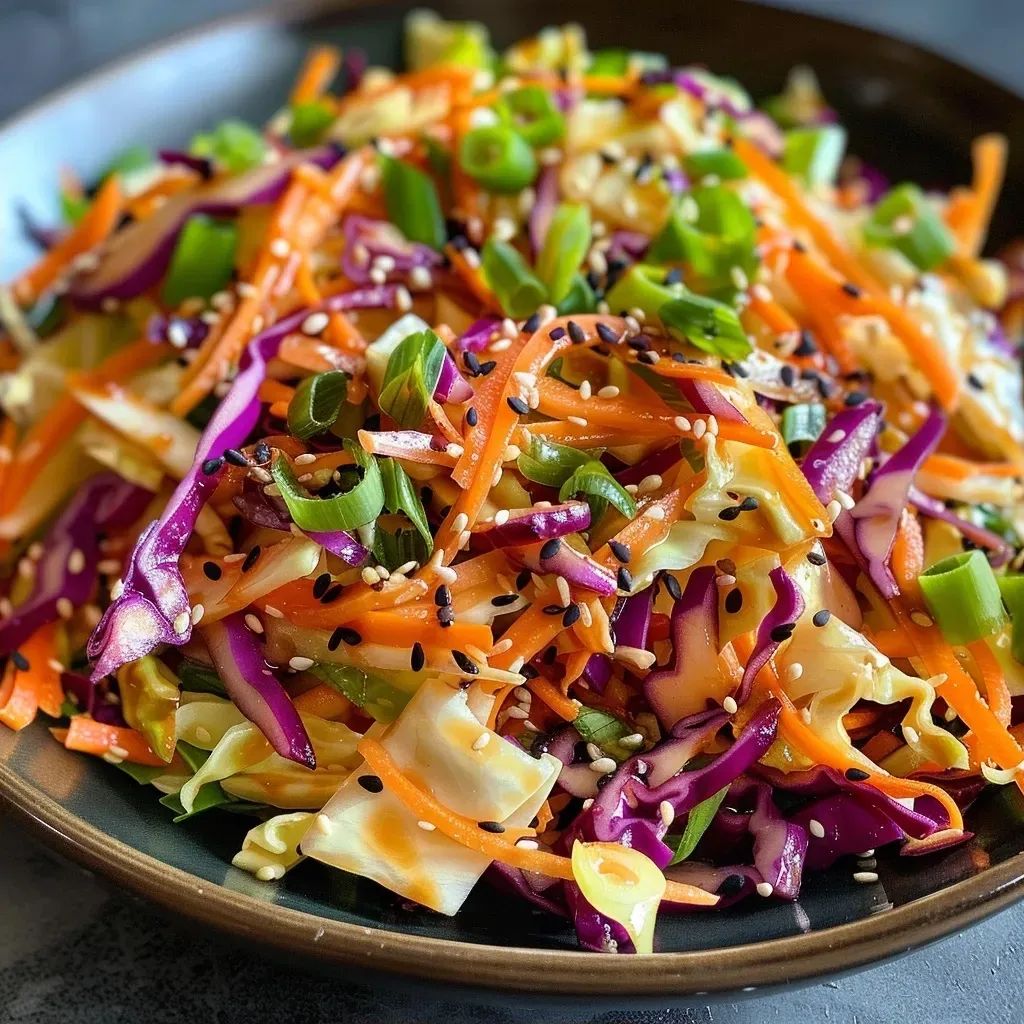 Side view of a vibrant Korean-inspired slaw with cabbage and apple.