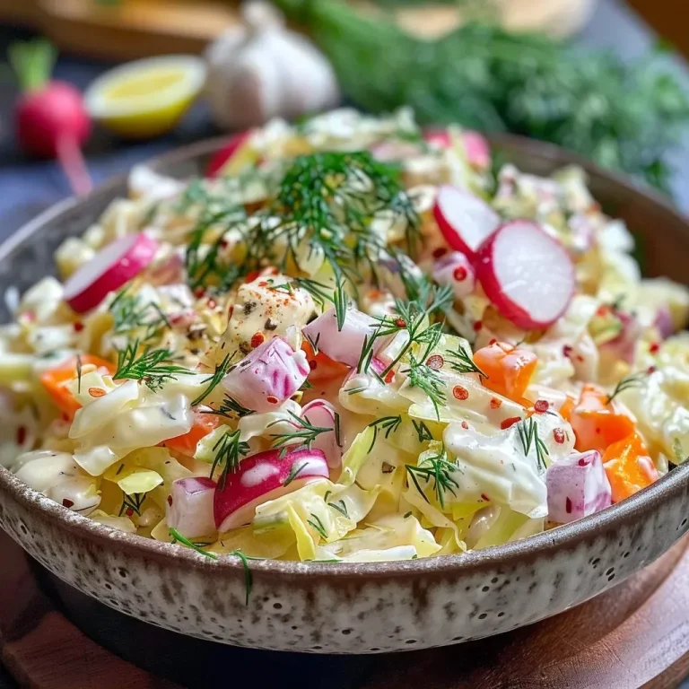 Fresh and Flavorful Krautsalat: A Simple Twist on Classic Coleslaw A vibrant close-up of Krautsalat featuring shredded cabbage, carrots, and radishes in a creamy dressing.